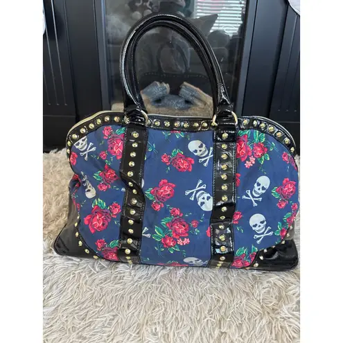 Betsey Johnson y2k Skull & Rose Carpet Bag Patent Leather Trim Duffle Bag