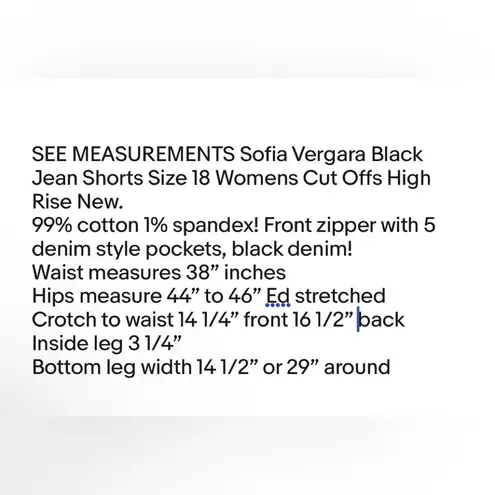 Sofia Vergara Womens Black Jean Shorts Size 18 Womens Cut Offs High Rise New