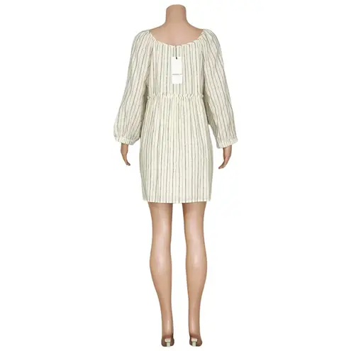 EMERSON FRY Jasmine Button Down Dress, Ivory Hemp Stripe Organic, Large Blue