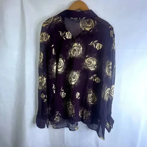 Apparenza Purple with Gold Metallic Roses Sheer Blouse Size XL
