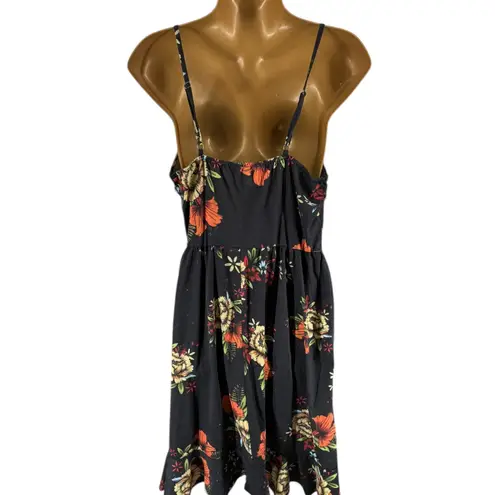 Black Floral Print Wrap Dress Ruffle Hem Spaghetti Strap Midi Size M