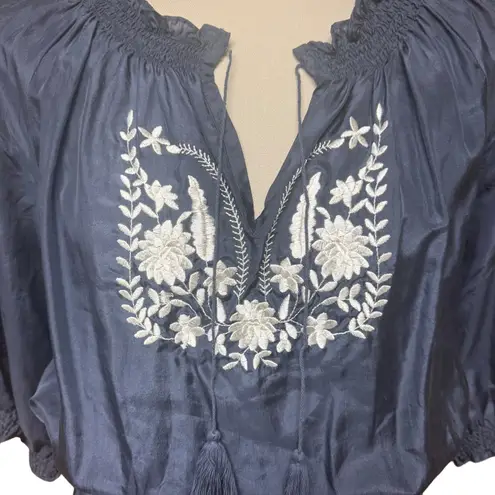Eduardo Blanco 100% Silk Peasant Top Blue White Floral Embroidery XS