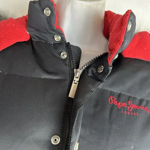 Pepe Jeans London UK red black removable hood full length puffer jacket Size S