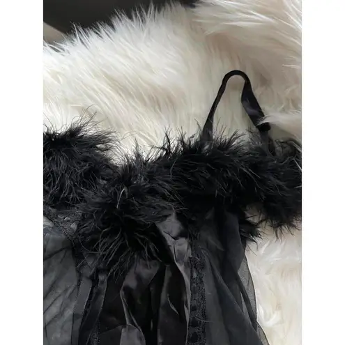 Chic Black Sheer Camisole with Feather Accents Size L