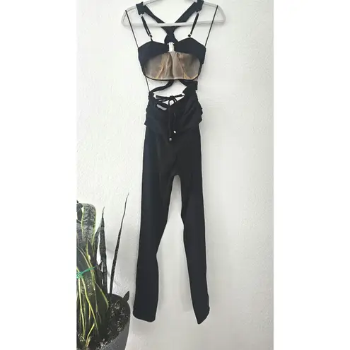 PatBO Lurex Cut Out Jumpsuit Black Strappy Cat Suit Size 4 $595