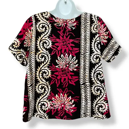 Indonesian Batik Blouse Women Top Pink Short Sleeve Medium Boxy Floral Boho