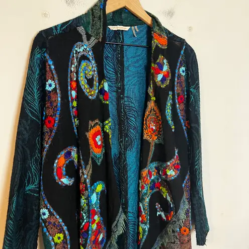 Soft Surroundings - Wool Silk Embroidered Peacock Fringe Duster Topper Cardigan