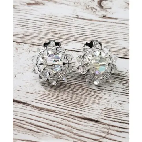 Vintage Clip On Earrings Small Clear Iridescent Bead Cluster 0.75"