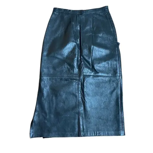 70s Vintage Leathercare Process Black Leather Midi Skirt Medium