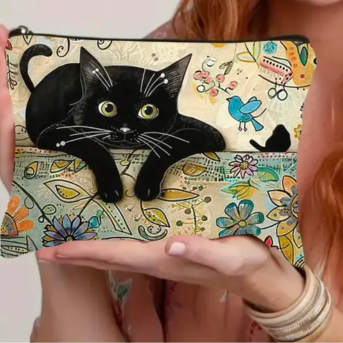 Whimsical Chic Cat Canvas Makeup Bag Spacious Pouch Black