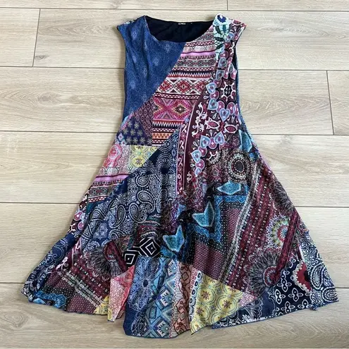 Desigual Monica Dress Patchwork Mesh Midi Sz M Blue Red Multi Paisley