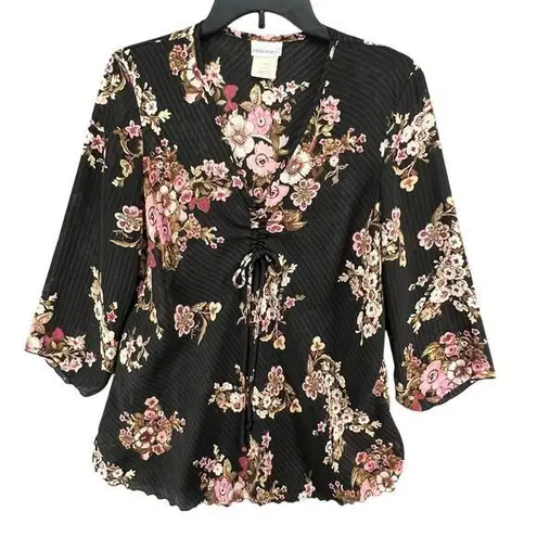Fashion Bug 90s Y2K Blouse Womens L Black Floral Cinch Dark Fairy Whimsygoth