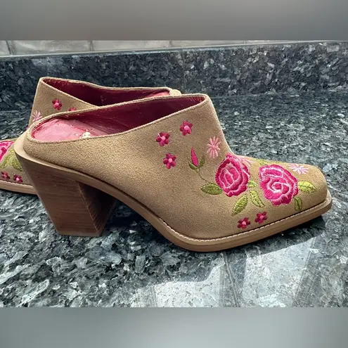 Vintage Riverstone Rosebuds Women’s Brown Leather Suede Western Clogs Y2K Size 9 Tan