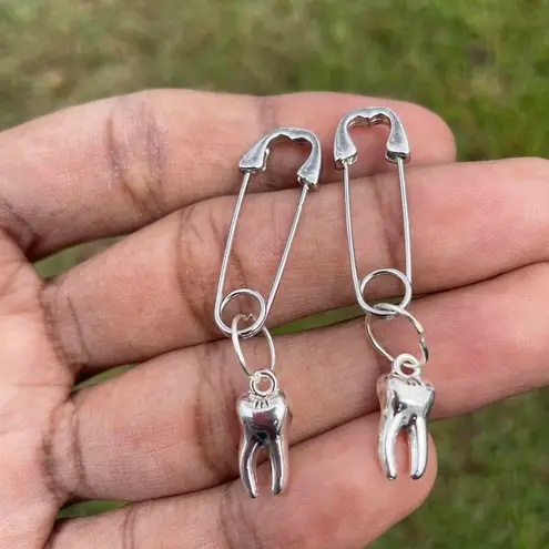 Handmade Unique Elegant Punk Gothic Style Tooth Safety Pin Design Hoop Earrings, Boho