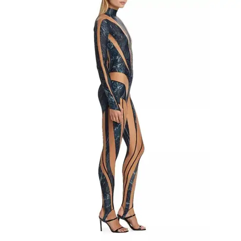 MUGLER Womens Long Sleeve Jumpsuit in Warped Snake Black Nude 34 New Catsuit Size undefined