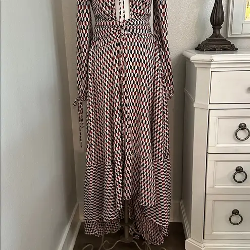 Mulla High Low Ruffle Cut Out Maxi Dress Red Black Geometric Size Medium