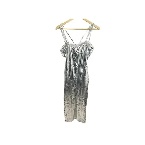 Micas Silver Metallic Sweatheart Neck Midi Dress S Sleeveless Formal NEW