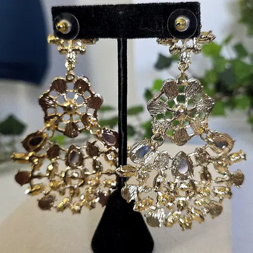 Boutique Large Statement Earrings Gold and Teal Blue with Green Chandalier