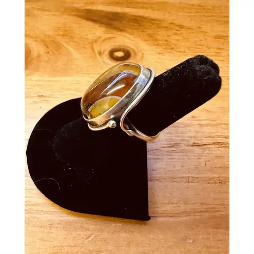 Vintage Oval Striated Amber Laminated Together 925 Sterling Silver 8.62g Size 7 Silver