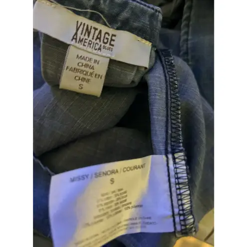 Vintage America Blues SZ SM Denim Embroidered Button Down Faded Crinkle Design Blue