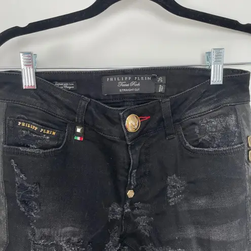 Philipp Plein Women's Black Texas Rock Distressed Straight Cut Jeans Size 26