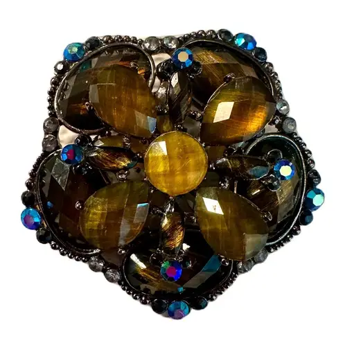 Vintage Flower Faceted Rhinestone Brooch Blue Black Amber Gold Silver Tones