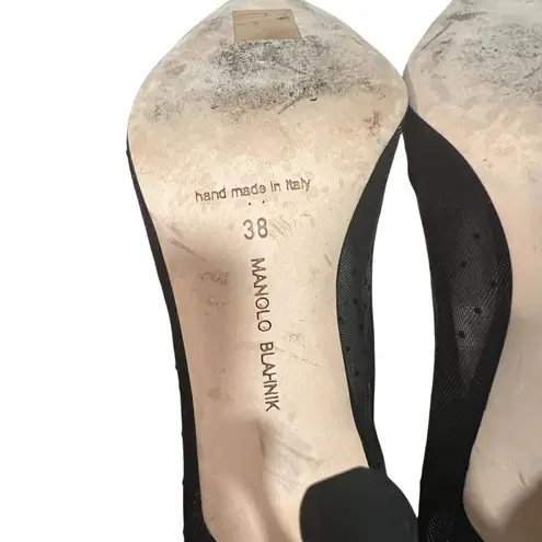 Manolo Blahnik Sohemias 105 Polka Dot Mesh Pumps Black With Flower Appliqué