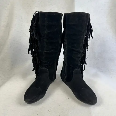 Black Suede Leather Fringe Slouch Boots Womens 6 Boho Western Festival Style