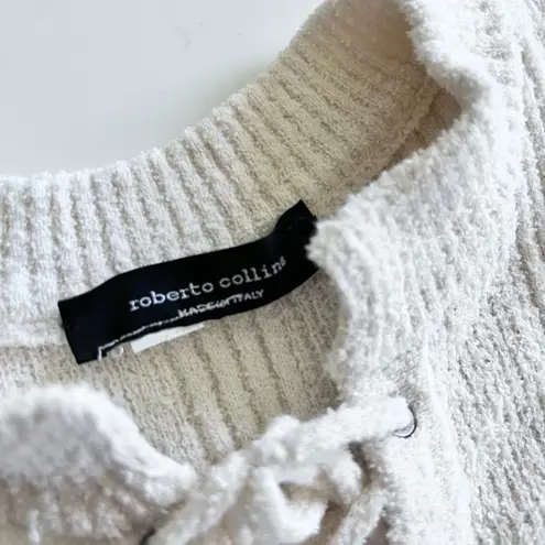 Roberto Collina Ecru Ribbed Lace Up Short Sleeve Knit Top Sweater