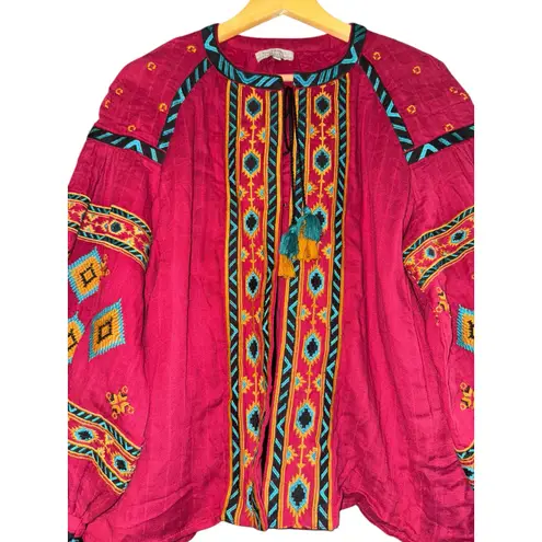 World Market Embroidered Puff Sleeve Jacket L/XL Southwestern Boho Aztec Gauzy Red