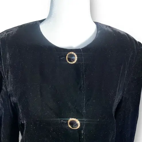 Vintage 90s Black Velvet Cropped Collarless Blazer Jacket Gold Button Elegant 8