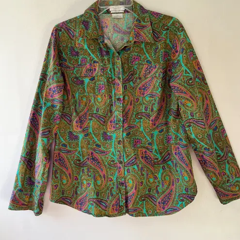Van Heusen Sz L Button Front Blouse Top Funky Green Paisley Pockets Shirt