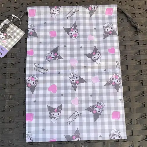 Sanrio Black White Pink Gingham Drawstring Bag With Kuromi