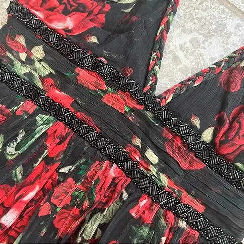 Rococo Sand Tiered Maxi Dress, Black Red Roses, Size XS New w/Tag $478 SOLD OUT