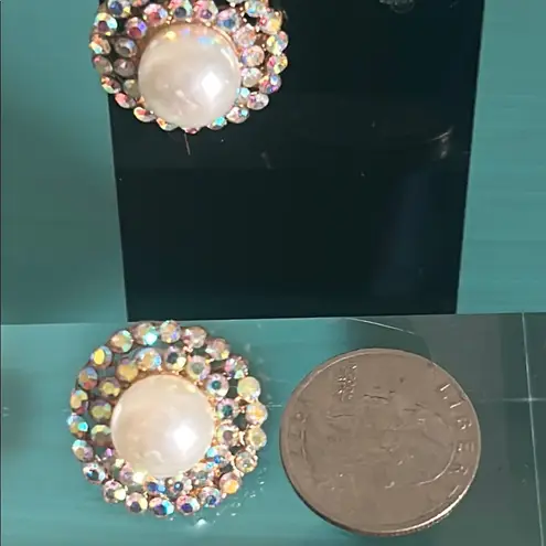 Elegant Bridal Prom Formal Halo Set Pearl and Iridescent Crystal Button Earrings White