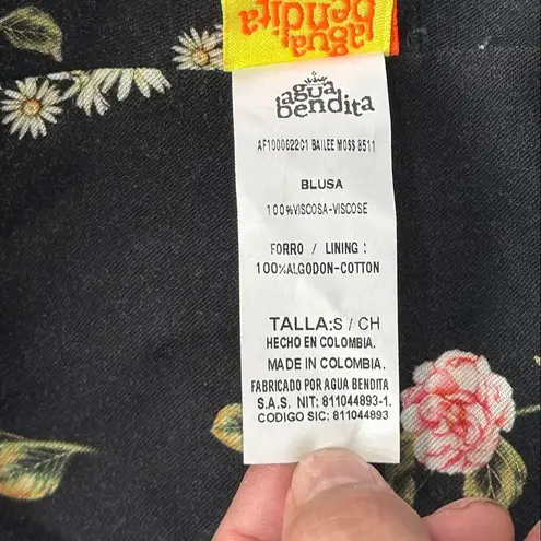 Agua Bendita Bailee Moss Black Crop Top with Floral Design