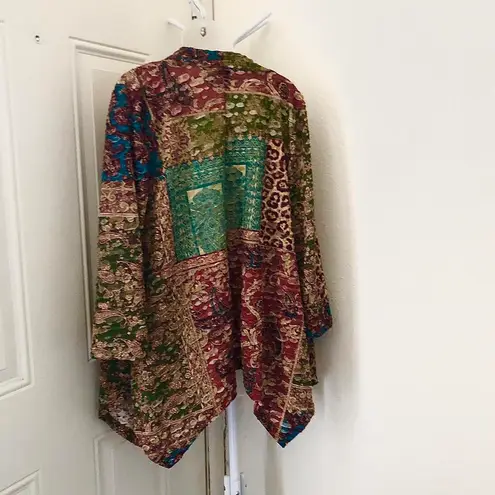 2000s Boho Indie Hippie Button Front patchwork distressed blouse shirt tunic top front pockets asymmetrical handkerchief hem - Image 2