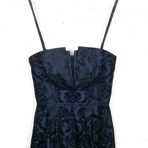 Watters & Watters Navy Brocade Satin Dress Convertible Strapless Textured Size 6 Blue