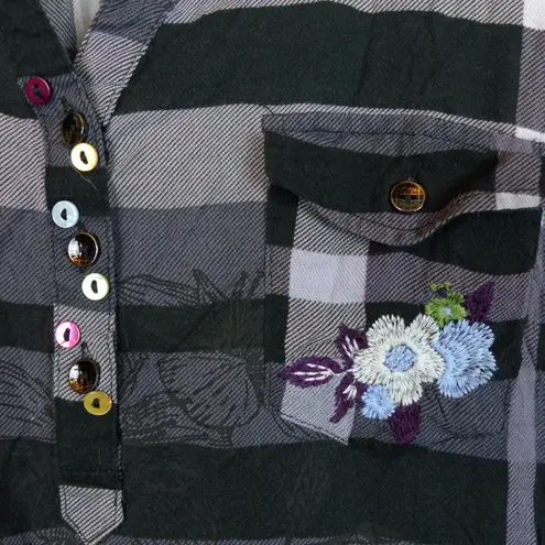 Desigual Shirt Women L Black Gray Striped Floral Embroidery Laura Illa Popover