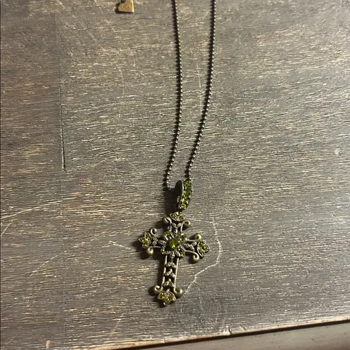 Cookie Lee Antiqued Brass and Green Gemstone Cross Necklace