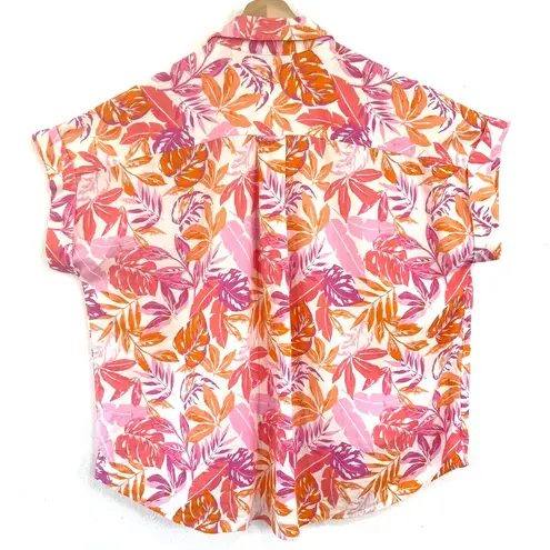 Terra & Sky Button Linen Blend Short Sleeve Shirt Womens 2X (20W-22W) Tropical