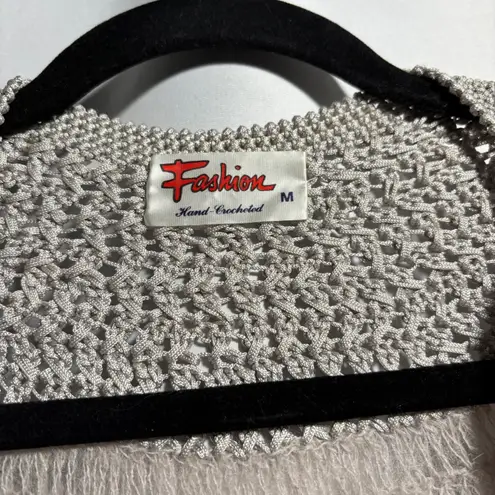 Hand Crocheted Mohair Blend Cardigan Sweater Womens M Beige Dusty Pink Knit SEE Tan Size M