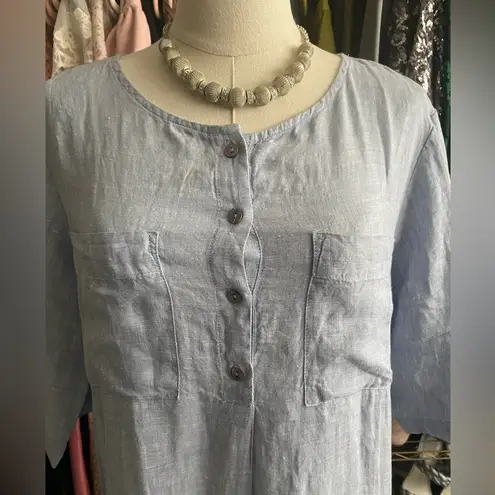 Andrea Jovine Blue 3/4 Sleeve Bib Collar Tunic 100% Linen Chambray