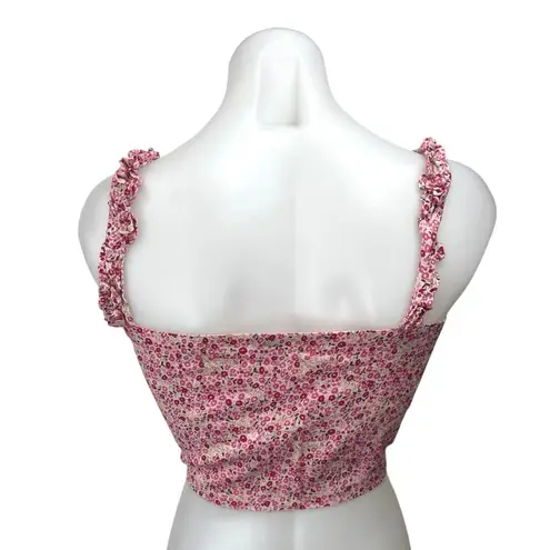 Mojo Pink Floral Print Sleeveless Bow Tie Ruffle Strap Crop Tank Top Size S/M