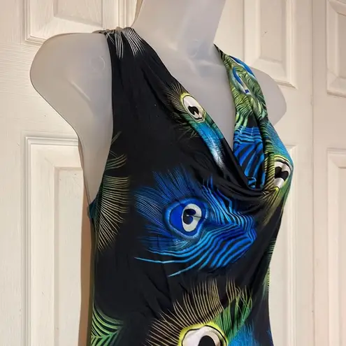 True Light Vintage 1990s Racerback Tie Tank Top Ruched Back Peacock Feathers M Size M