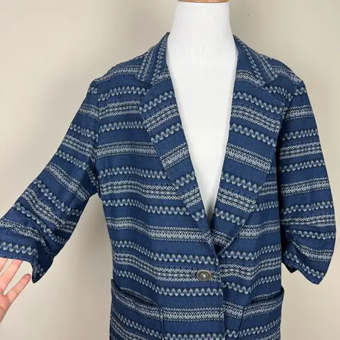 Karen Kane Blazer Jacket Women XL Blue White Ruched Elbow Sleeve Jacquard Cotton