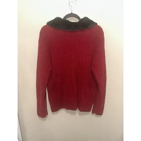 Marguerite's Burgundy Red Cardigan Sweater Faux Fur Collar Zip Up Size L