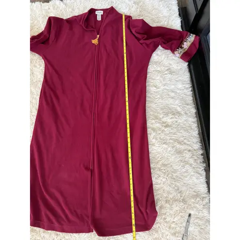 Vanity Fair Long Robe Burgundy Floral Trim Tassel Zip Front Lounge House Coat - Image 7