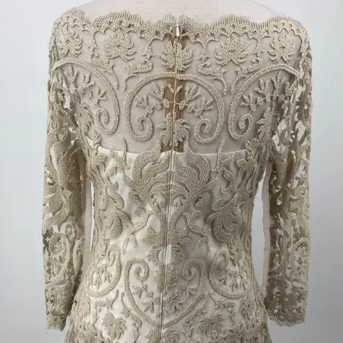 Tadashi Shoji  Tiered Lace Gown Scalloped Embroidered Dress Beige Ivory Womens 10