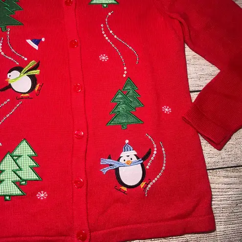 VTG 90s Christmas Cardigan Sweater Red Penguins Sequins Holiday Womens L Festive Size L